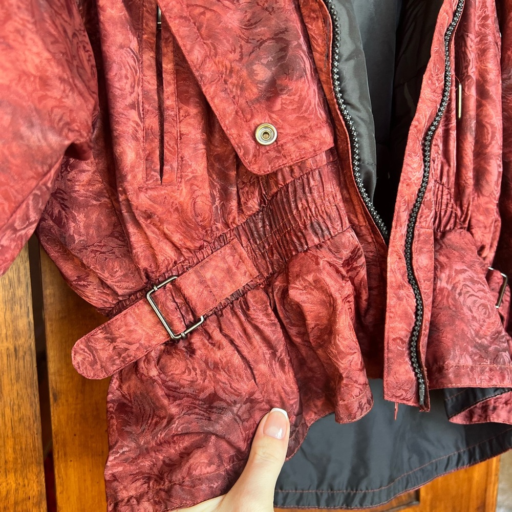 Burgundy Patterned Jacket With Black Accents - image 2